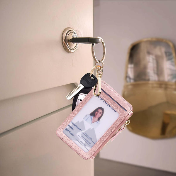 Keychain wallet, Rfid Blocking Credit Card Holder Leather, Zipper Card Case for Women Pink