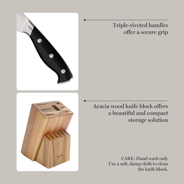 Martha Stewart Greeley Forged High Carbon Stainless Steel 14 Piece Knife Block Set, Black Kitchen Knife Set with Acacia Wood Block, Chef Knife,