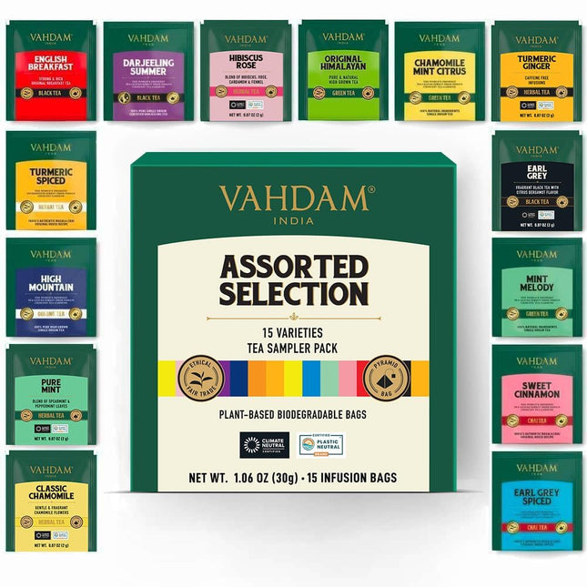 VAHDAM, Assorted Tea Sampler (15 Different Variety in Individually Wrapped Pyram