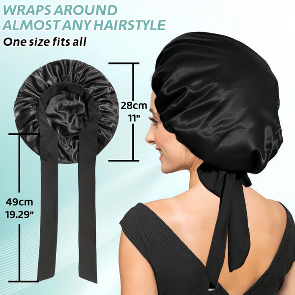 Silk Bonnet for Sleeping Women, Ajustable Hair Bonnet for Curly Hairs Satin Bonnet Reduce Friction Prevent Frizz Black，Large Large Black