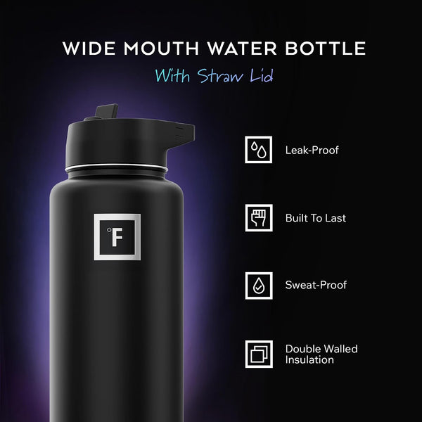 IRON °FLASK 32 oz Wide Mouth Water Bottle with 3 Lids | Insulated Stainless Steel Sports Water Bottle with 3 Leakproof Lids - BPA Free, Cold 24