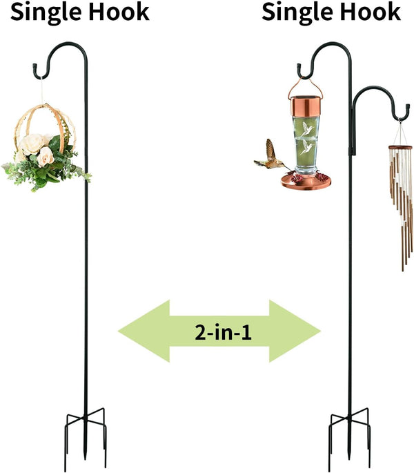 Double Shepherds Hooks for Outdoor, Bird Feeder Pole with 5 Prongs Base, Heavy Duty Garden Hook for Lantern, Wind Chime and Hummingbird Feeder, 45