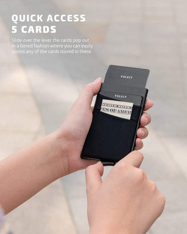 VULKIT Card Holder with Money Pocket Pop up Wallet RFID Blocking Slim Metal Bank Card Case Holds 5 Cards and Notes(Black)