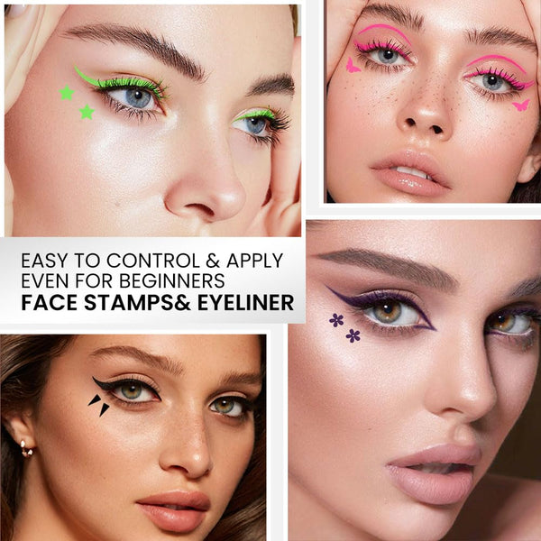 Evpct 7Pcs Colored Liquid Eye Liners Face Stamp Cosplay Gothic Makeup Set Kit for Beginners, Black Brown Purple Blue Red Pink Green Star Flowers