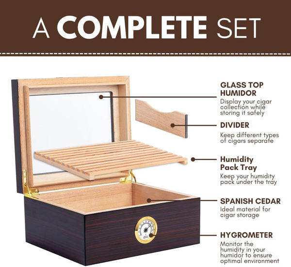 Premium Cigar Humidor for 25-50 Cigars - Elegant Humidor Humidor with Hygrometer and Humidifier - Cedar Lined Cigar Box for Optimal Humidity