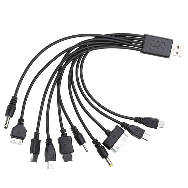 1Pc Black 10 in 1 USB Multi Charger Cables for Mobile Phones USB Charging Cord 20cm/7.87in to Multi Plug Cell Phone Charger Cable 10 in 1 Cable