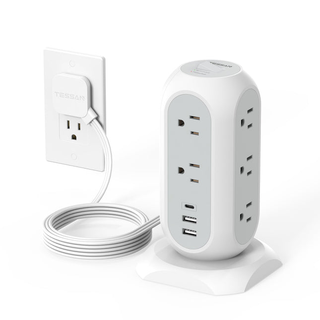 Tower Power Strip Flat Plug with 11 Outlets 3 USB (1 USB C), TESSAN Surge Protector Tower 1625W/13A,1050J Protection, 6 