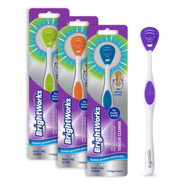 Tongue Cleaner (3-Pack) with Gentle Cheek Scraper. Two-Sided Head with Dual Action Cleaning for Fresh Breath.