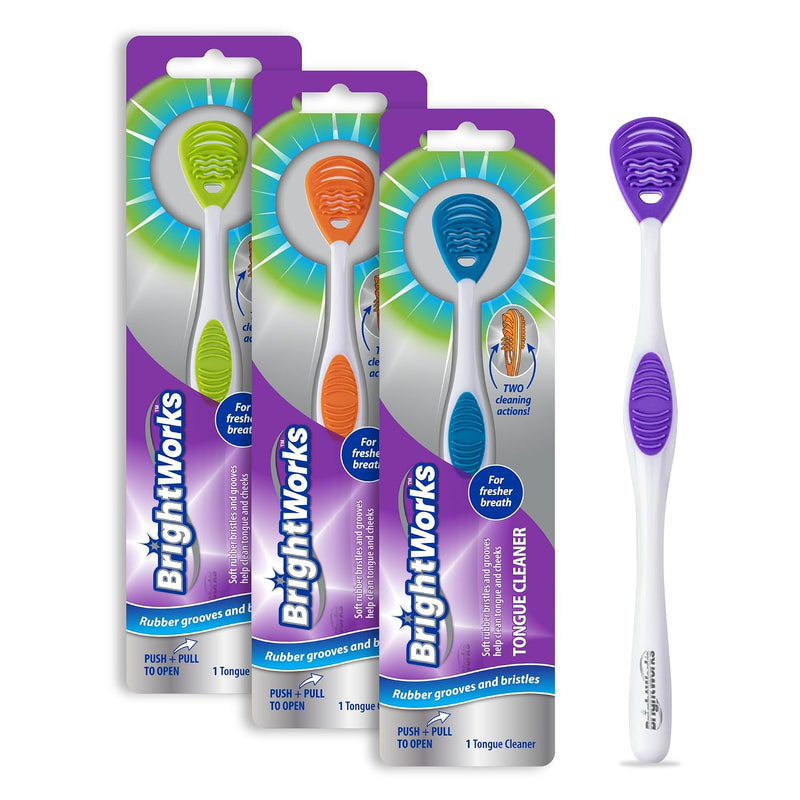 Tongue Cleaner (3-Pack) with Gentle Cheek Scraper. Two-Sided Head with Dual Action Cleaning for Fresh Breath.