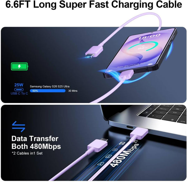 Super Fast Charger Type C, 25W USB C Wall Charger Fast Charging 6.6FT Cable Lavender 6.6FT