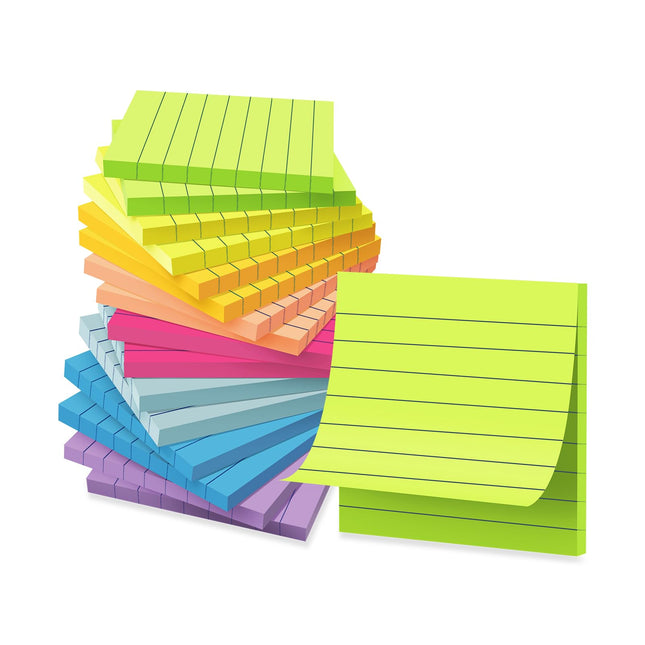 (16 Pack) Lined Sticky Notes 3x3 in Ruled Stickies Super Sticking Power Memo Pads Bright Colors, Post on Windows Doors,Recyclable,Easy to Write on