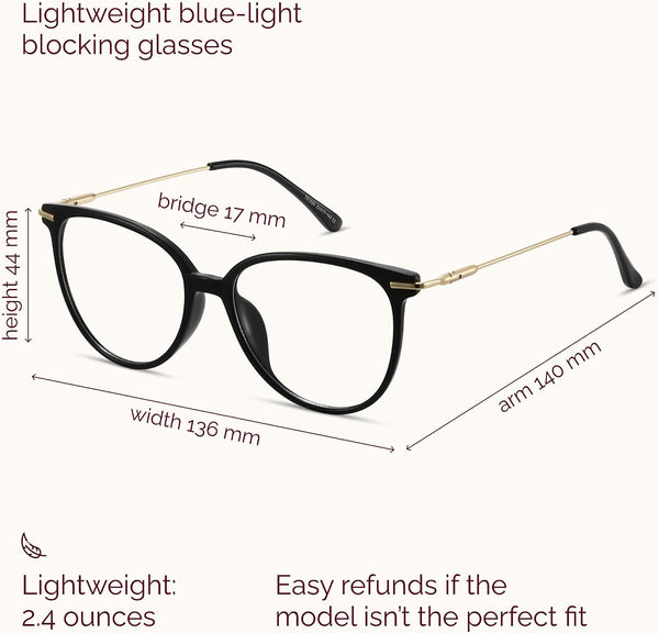 Gaoye Blue Light Blocking Glasses - Trending Round TR90 Frames, Metal Arms, UV400 Protection - Matching Soft Case *1-light Black Frame/Transparent