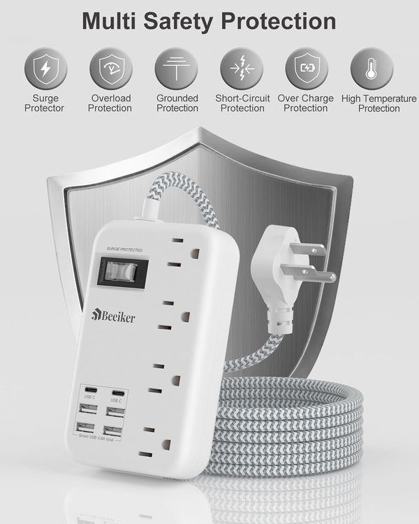 6 USB Travel Power Strip,4 Outlets,5Ft Extension Cord,Surge Protector,13A | 2 USB C,6 USB Charging Station,5Ft Braided Extension Cord,Surge