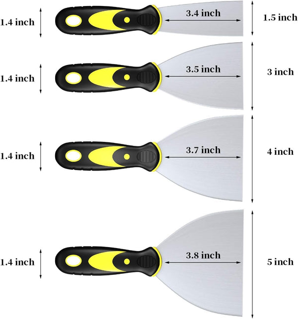 DEKEones Putty Knife Scrapers, Spackle Knife, Metal Scraper Tool for Drywall Finishing, Plaster Scraping, Decals, and Wallpaper (4 Pack, 5”, 4”,