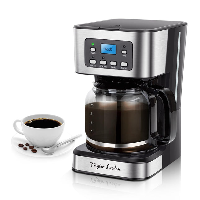Taylor Swoden 12-Cup Programmable Coffee Maker, Regular & Strong Brew Drip Coffee Machine for Home and Office, Glass Car