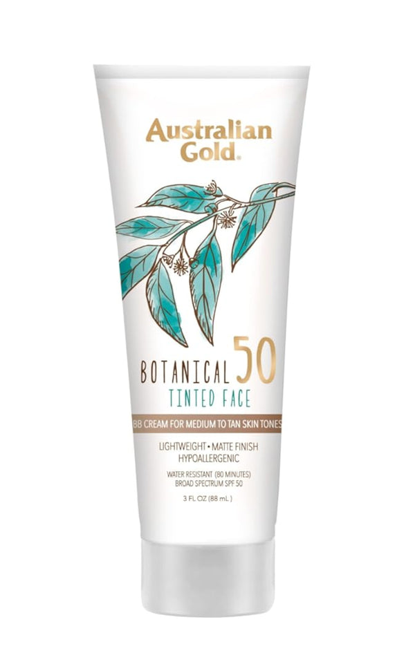 Australian Gold Botanical SPF 50 Tinted Mineral Sunscreen for Face, Non-Chemical BB Cream, Water-Resistant, Matte Finish, for Sensitive Facial