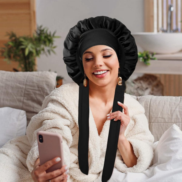 Silk Bonnet for Sleeping Women, Ajustable Hair Bonnet for Curly Hairs Satin Bonnet Reduce Friction Prevent Frizz Black，Large Large Black