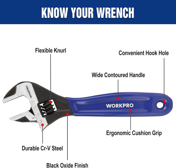 WORKPRO 6-Inch Adjustable Wrench, Cr-V Steel Wrench, Wide Jaw Black Oxide Wrench, Metric & SAE Scales, for Home, Garage, Workshop and DIY