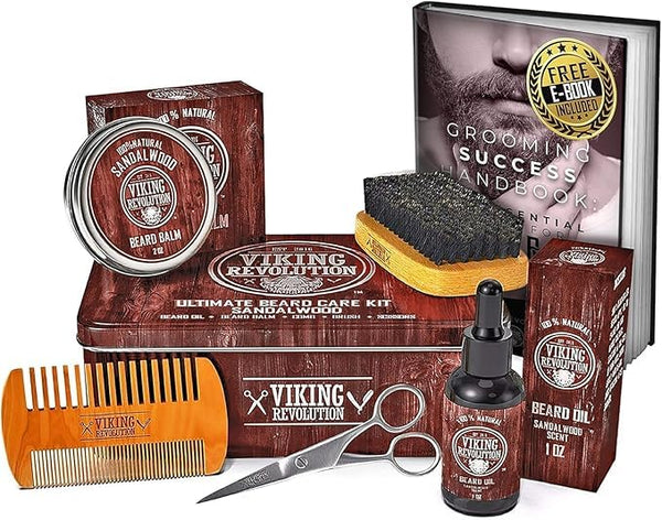 Viking Revolution Ultimate Grooming Kit for Men - Boar Brush, Wood Comb, Sandalwood Balm & Oil, Scissors for Beard & Mustache