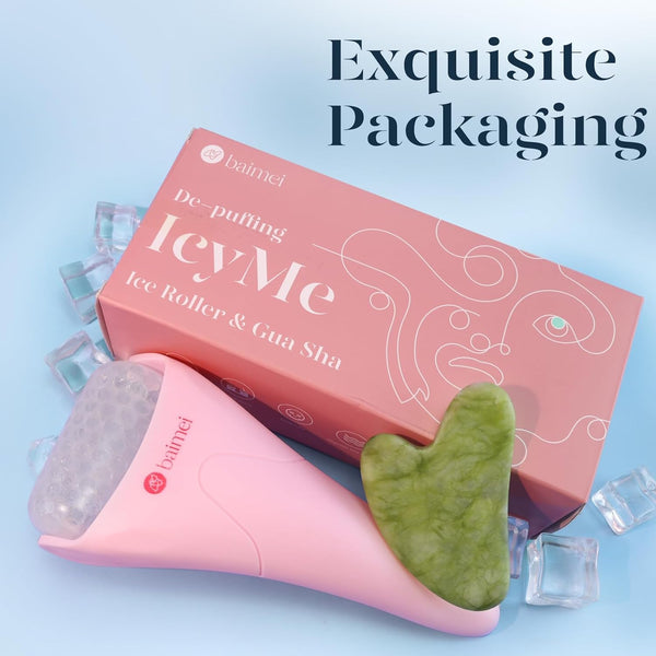 BAIMEI Icyme Ice Roller for Face and Gua Sha Facial Tool Set, Ice Face Roller Reduces Puffiness Relieves Migraines Skin Care Tools, Self Care Gift