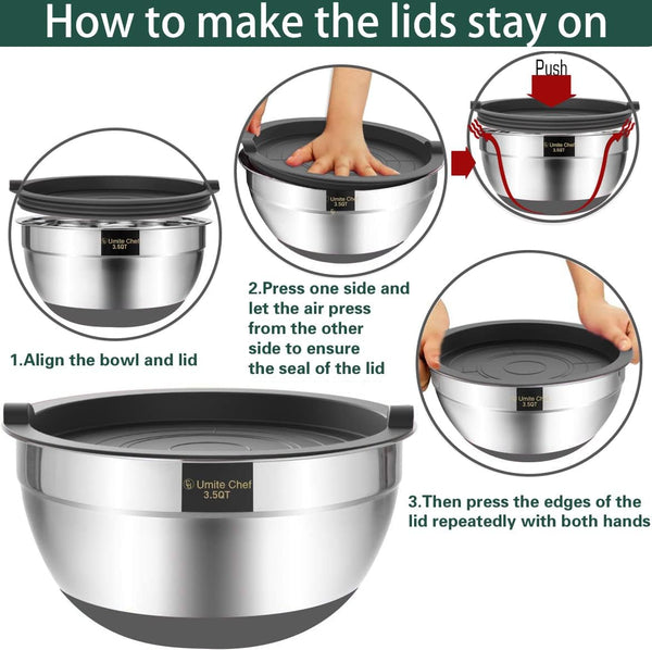Umite Chef Mixing Bowls with Airtight Lids，6 piece Stainless Steel Metal Nesting Storage Bowls, Non-Slip Bottoms Size 7, 3.5, 2.5, 2.0,1.5, 1QT,