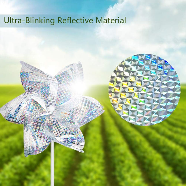 10 Pack Reflective Pinwheels for Garden Yard - Sparkly Silver Bird Deterrent Devices for Outside - Humane Woodpecker, Pigeon & Goose Repellent