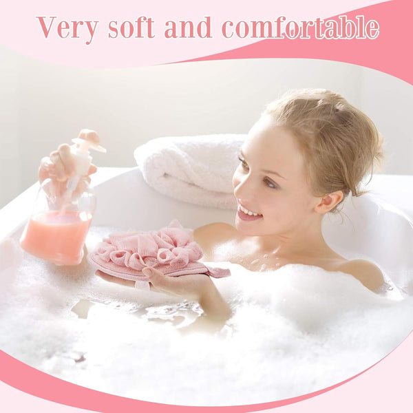 Boao 3 Pcs Bath Shower Pouf Sponge Mesh Pouf Shower Ball Exfoliating Body Sponge Pad Scrubber Glove with Flower Bath Ball (Khaki,Dark Brown,Dark