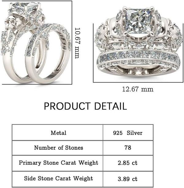 Jeulia Skull Engagement Ring Sets Sterling Silver Promise Eternity Band Rings Diamond Princess Cut with Cubic Zirconia Wedding Engagement