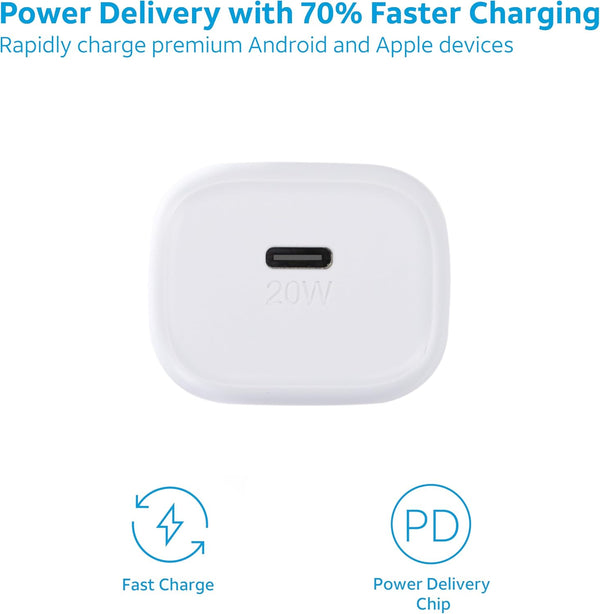 AT&T USB-C Wall Charger Fast Charging Power Adapter Foldable Prongs Travel-Friendly for Compatible with iPhone iPad Samsung Galaxy Google Pixel