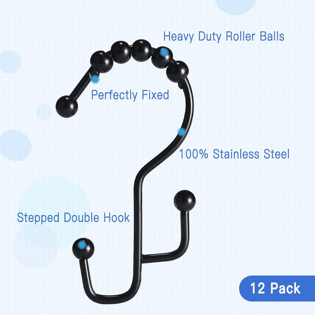 Shower Curtain Hooks, 12 Pcs Double Shower Curtain Hooks Rings, Black Shower Cur