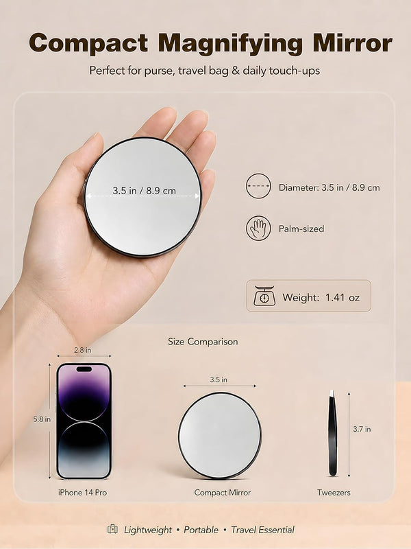 Macaki 10X Magnifying Mirror with 2 Suction Cups, 3.5 inches Magnified Makeup Mirror and Slant Tweezers,Black,1PC | Portable Magnifying Mirror,