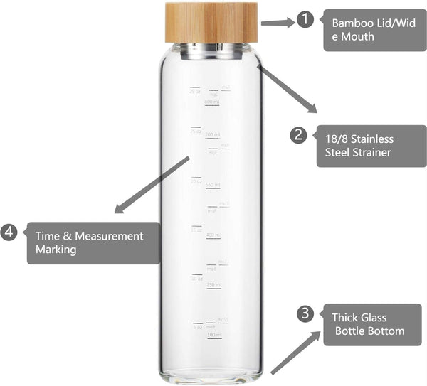 Sunkey Glass Water Bottle 32 Oz Wide Mouth with Sleeve Bamboo Lid Motivational Water Bottle with Time Marker Reusable Safe for Hot Cold Drinks Bpa