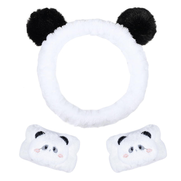 Pom Pom Panda Ears Plush Wash Face Headband Spa Wrist Band Cuffs Hair Scrunchy Women Girls Facial Makeup Skincare Bath Head Wrap Kids Costume