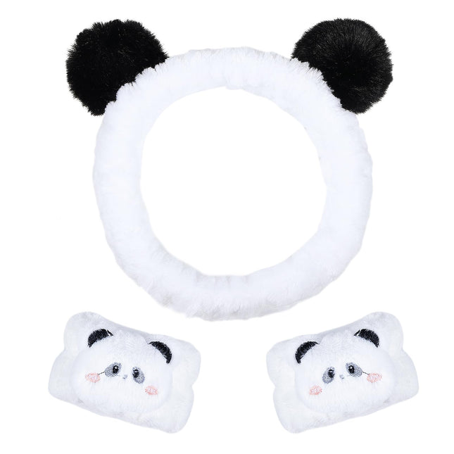 Pom Pom Panda Ears Plush Wash Face Headband Spa Wrist Band Cuffs Hair Scrunchy W
