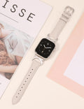 Minyee Leather Bands Compatible with Apple Watch Band 38/40/41/42/44/45/46/49mm Women, Slim Thin Dressy Designer Strap with C-Shape Metal Buckle