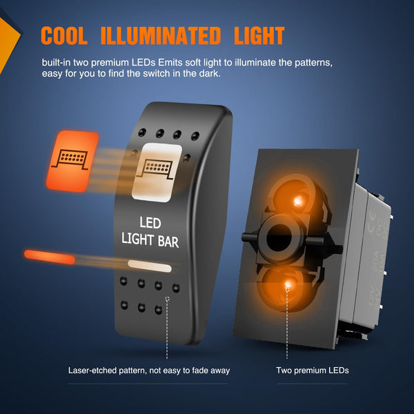 Nilight UTV LED Light Bar Rocker Switch on off 5 PIN SPST Lights Switches W/Orange Backlit 12V 24V Toggle Compatible for Polaris RZR Can-Am Atvs