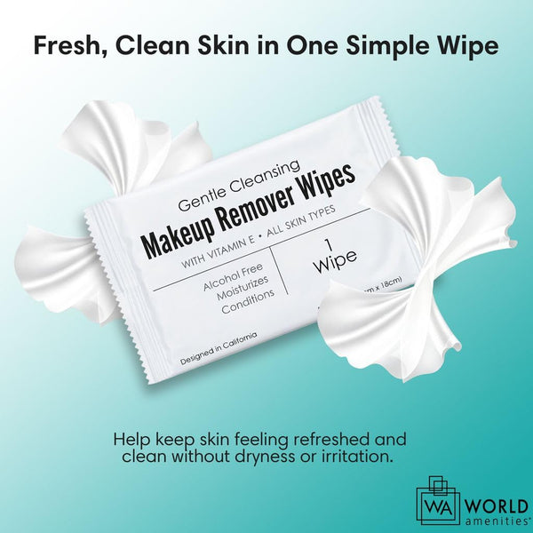 World Amenities - Makeup Remover Wipes - Alcohol Free - Vitamin E Face Wipes for Sensitive Skin Comfort - Individually Wrapped - Travel Friendly
