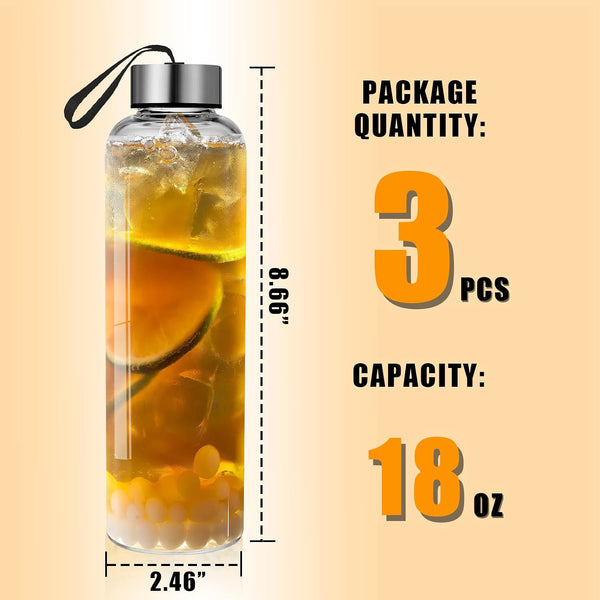 Glass Water Bottles Set of 3, 18 oz, Reusable Water Bottle with Lids, Juice Glass Bottles for Juicing, LeakProof, BPA Free, Container Bottle for