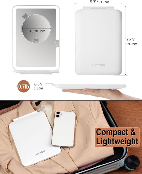 Rechargeable Travel Mirror with Light 7x5 Inch 1x/10x-white