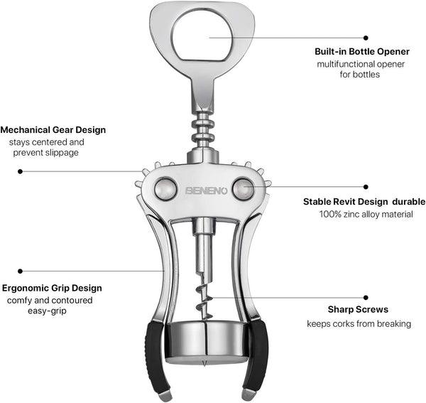 Beneno Wine Opener, Zinc Alloy Premium Wing Corkscrew with Multifunctional Bottles Opener, Sharp Wine Corkscrew with Ergonomic Non-Slip Wing