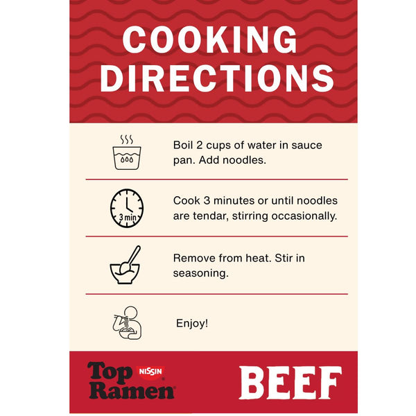Nissin Top Ramen Noodle Soup, Beef, 3 Ounce (Pack of 24) | Quick, convenient meal ready in minutes with just hot water. Beef 3 Ounce (Pack of 24)