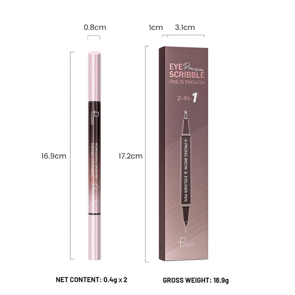 2-in-1 Curved Eyebrow Pen and Eyeliner with 10Pcs Brow Stencils, Microblading Eyebrow Pencil with 4 Fork-Tip and Curved Precise Tip, Waterproof