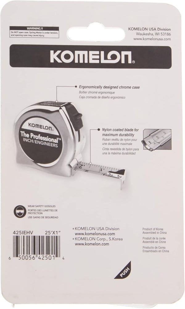 Komelon 425IEHV High-Visibility Professional Tape Measure Bother Inch and Engineer Scale Printed 25-Feet by 1-Inch, Chrome 7.6 m Tape Measure