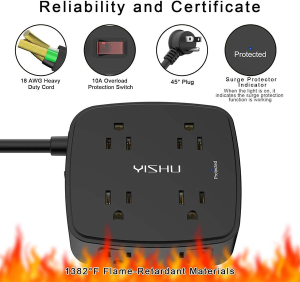 10 Ft Surge Protector Power Strip - 8 Widely Outlets with 4 USB Ports, 3 Side Outlet Extender with 10 Feet Extension Cord, Flat Plug, Wall Mount,