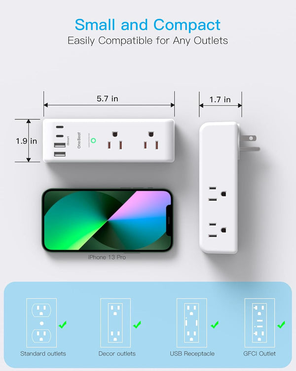 Surge Protector Outlet Extender with Rotating Plug, Multi Plug Wall Outlet 2C2A, 1 Pack White
