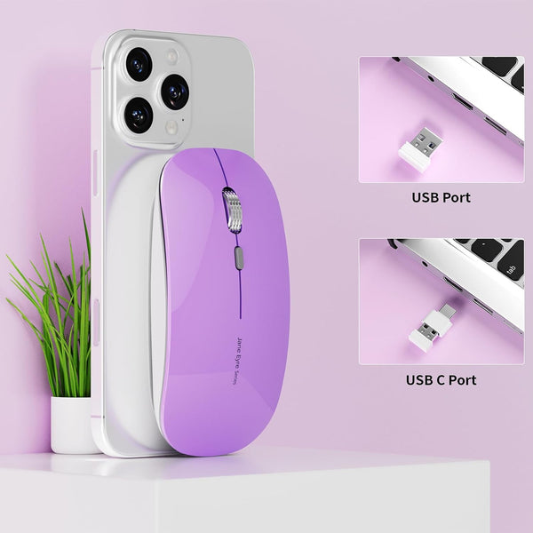 Uciefy Q5 Slim Rechargeable Wireless Mouse, 2.4G Portable Optical Silent Ultra Thin Wireless Computer Mouse with USB Receiver and Type C Adapter,