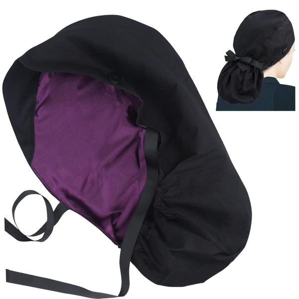 ABAMERICA Scrub Caps for Women Surgical Caps Nurse Hat Functional Ponytail Holder for Long Hair Single or Satin-Lined A01-05 Satin Lined Black