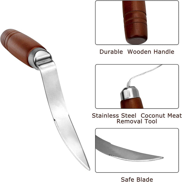 2 PCS Coconut Opener Tool Set Coconut Meat Remover Stainless Steel Coconut Opener Scraper Knife Coconut Punch Tool with Durable Non-Slip Wooden