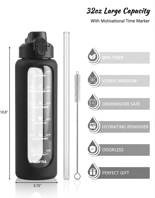 Nefeeko 32 oz Glass Water Bottles with Straw, Time Marker, Motivational 1 Liter BPA FREE Leakproof Reusable Glass Water Bottle with Silicone