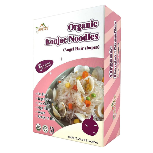 Apexy Organic Shirataki Konjac Noodle 8 Pouches Total 42.24Oz. Low Calorie, Low-Carb Gluten Free, Vegan, Keto and Paleo-